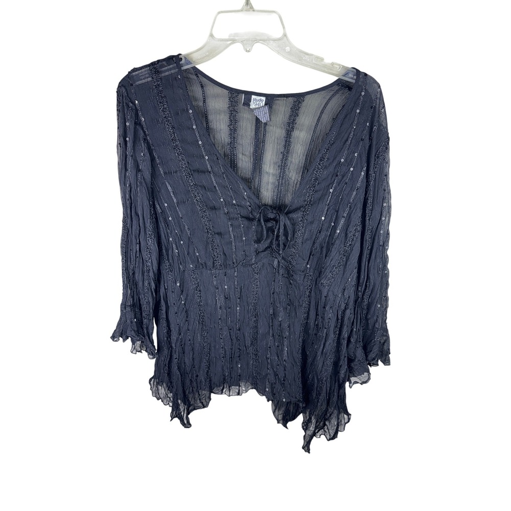 Studio 1940 Womens Black Sequin Sheer Crinkle Blouse Tie Front Top 18/20W
